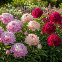 Trio de Pivoines rose et rouge  - Paeonia lactiflora Sarah Bernhardt, Sorbet, Karl Rosenfield - Bakker