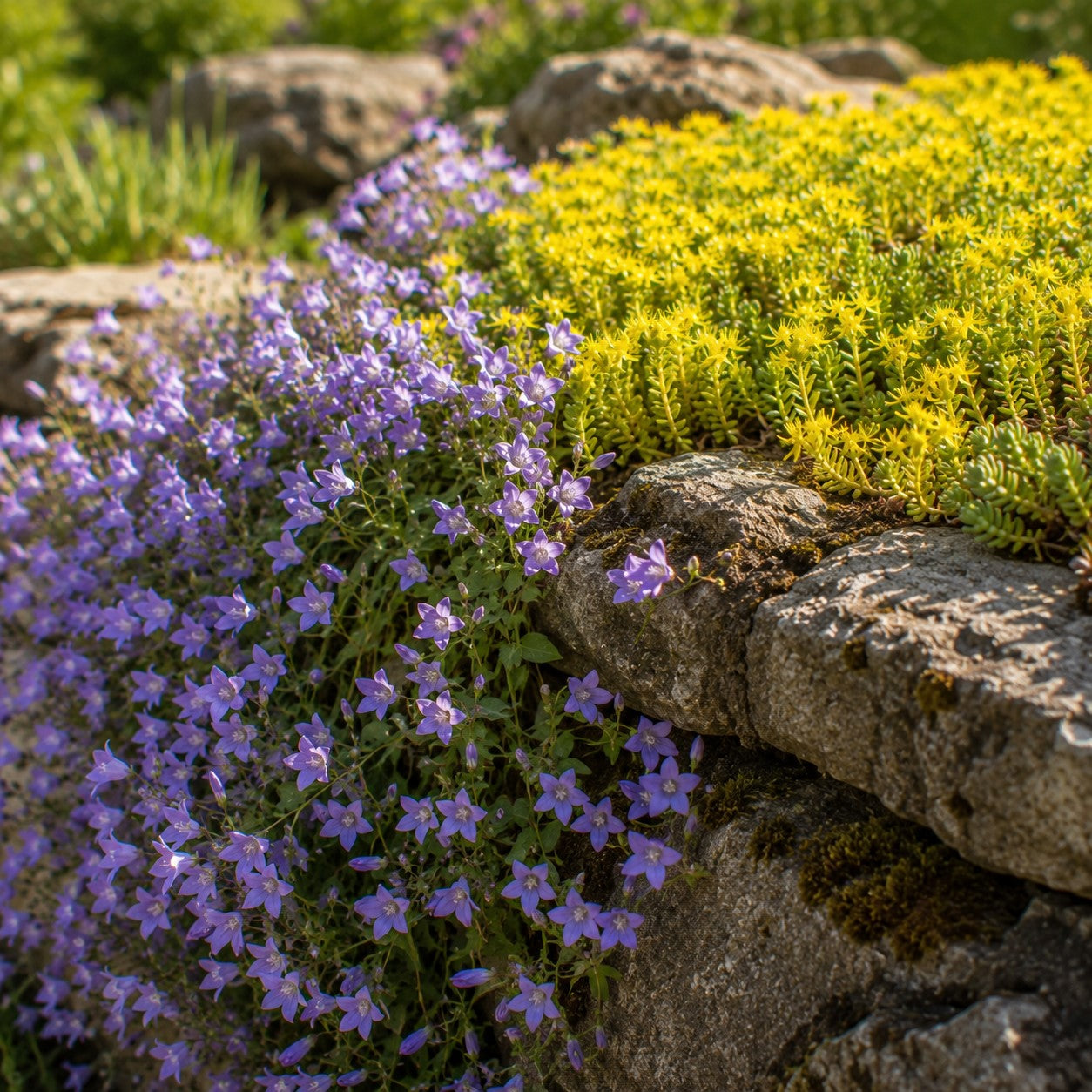 4 couvre-sols pour murets - Campanula poscharskyana, Sedum acre - Bakker